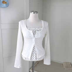 끈조절 빈티지 여리핏 프릴 캉캉 리본 도트 레이어드 나시 가디건 세트