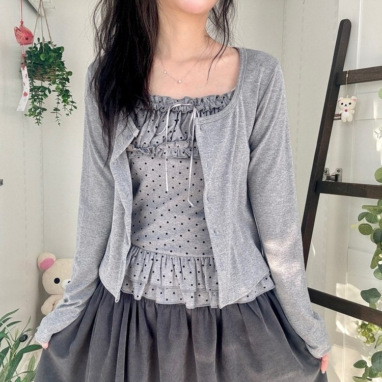 끈조절 빈티지 여리핏 프릴 캉캉 리본 도트 레이어드 나시 가디건 세트 그레이