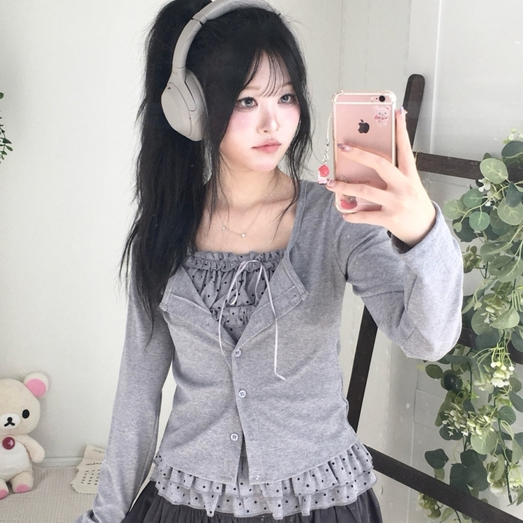 끈조절 빈티지 여리핏 프릴 캉캉 리본 도트 레이어드 나시 가디건 세트 그레이