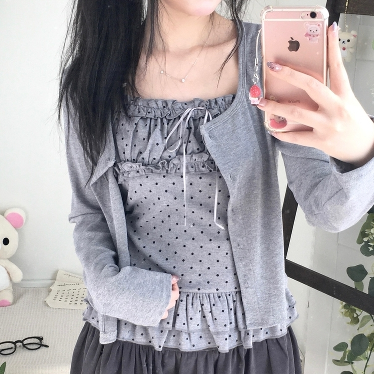끈조절 빈티지 여리핏 프릴 캉캉 리본 도트 레이어드 나시 가디건 세트 그레이