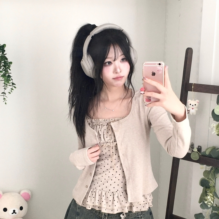 끈조절 빈티지 여리핏 프릴 캉캉 리본 도트 레이어드 나시 가디건 세트 베이지