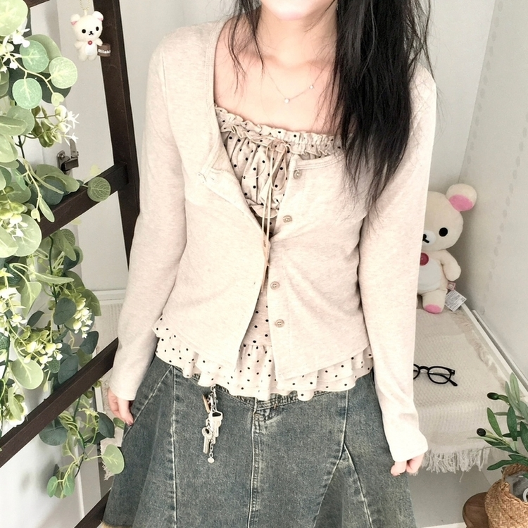 끈조절 빈티지 여리핏 프릴 캉캉 리본 도트 레이어드 나시 가디건 세트 베이지