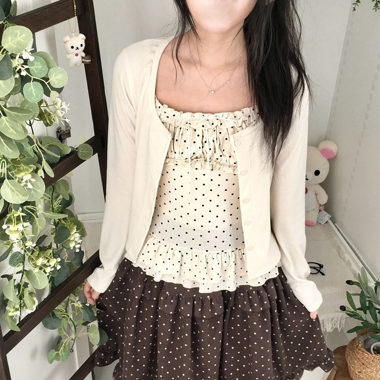 끈조절 빈티지 여리핏 프릴 캉캉 리본 도트 레이어드 나시 가디건 세트 아이보리