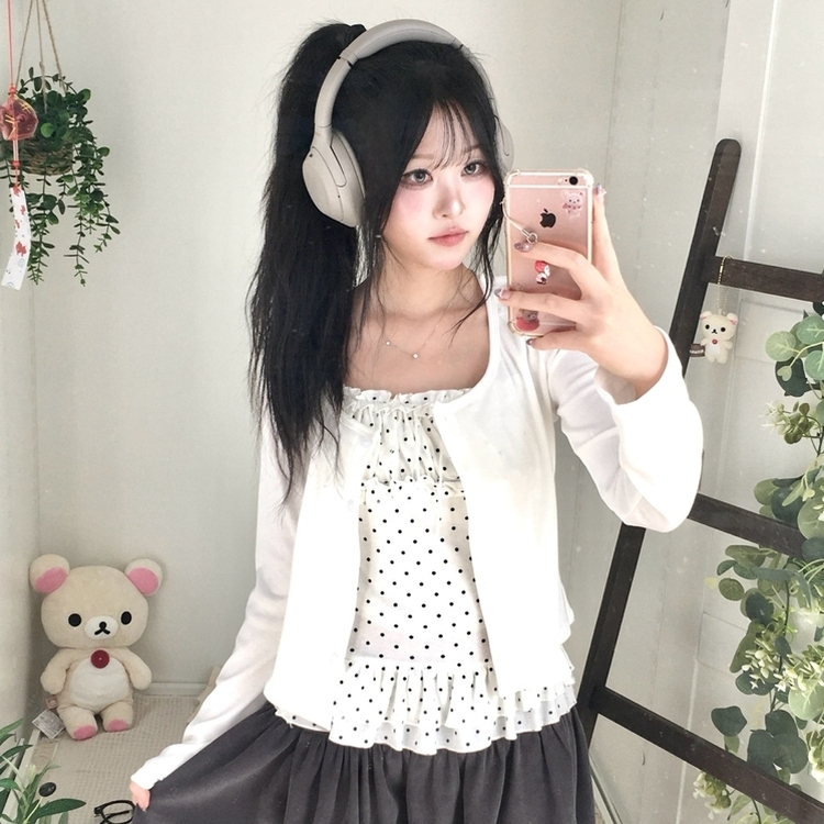 끈조절 빈티지 여리핏 프릴 캉캉 리본 도트 레이어드 나시 가디건 세트 화이트