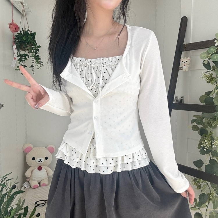 끈조절 빈티지 여리핏 프릴 캉캉 리본 도트 레이어드 나시 가디건 세트 화이트