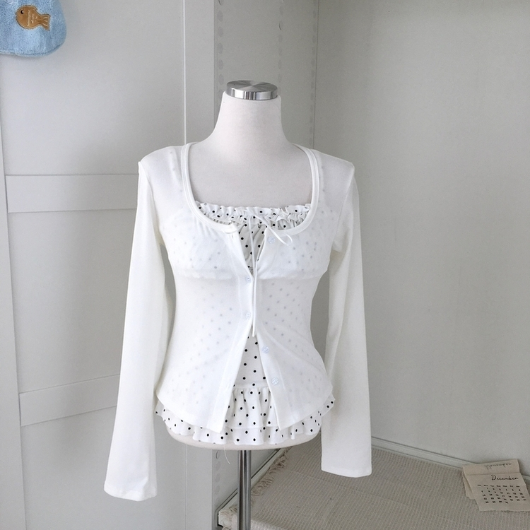 끈조절 빈티지 여리핏 프릴 캉캉 리본 도트 레이어드 나시 가디건 세트