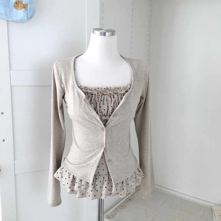 끈조절 빈티지 여리핏 프릴 캉캉 리본 도트 레이어드 나시 가디건 세트