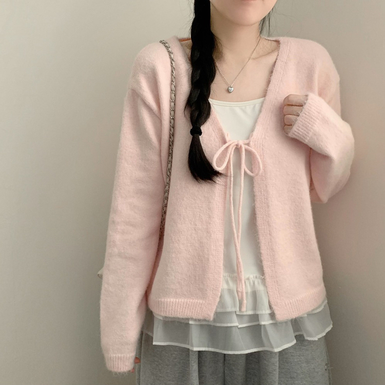 리본 긴팔 니트 가디건 볼레로 레이스 캉캉 나시 끈나시 롱나시 세트 투피스 레이어드 발레코어 봄 봄옷 벚꽃 핑크