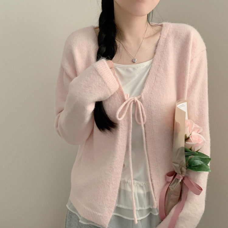 리본 긴팔 니트 가디건 볼레로 레이스 캉캉 나시 끈나시 롱나시 세트 투피스 레이어드 발레코어 봄 봄옷 벚꽃 핑크
