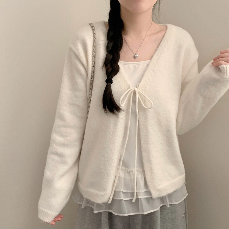 리본 긴팔 니트 가디건 볼레로 레이스 캉캉 나시 끈나시 롱나시 세트 투피스 레이어드 발레코어 봄 봄옷 벚꽃 아이보리