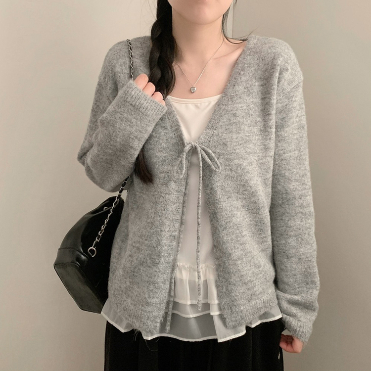 리본 긴팔 니트 가디건 볼레로 레이스 캉캉 나시 끈나시 롱나시 세트 투피스 레이어드 발레코어 봄 봄옷 벚꽃 그레이