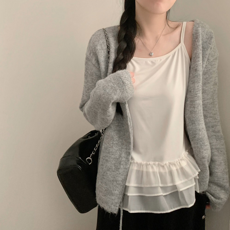 리본 긴팔 니트 가디건 볼레로 레이스 캉캉 나시 끈나시 롱나시 세트 투피스 레이어드 발레코어 봄 봄옷 벚꽃 그레이