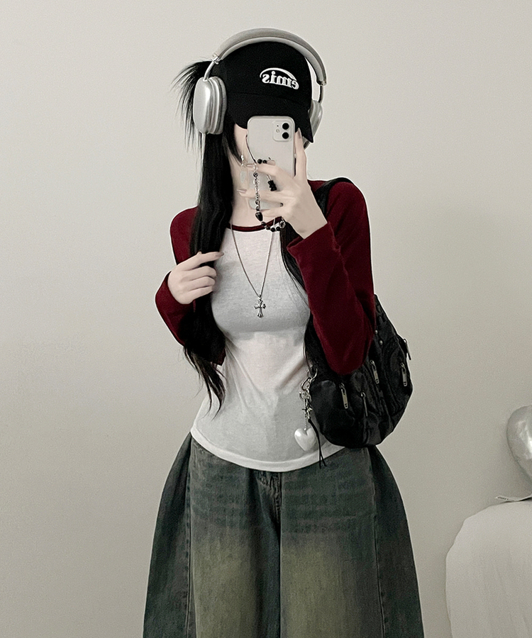 모루배색나그랑슬림핏긴팔티셔츠 아이보리