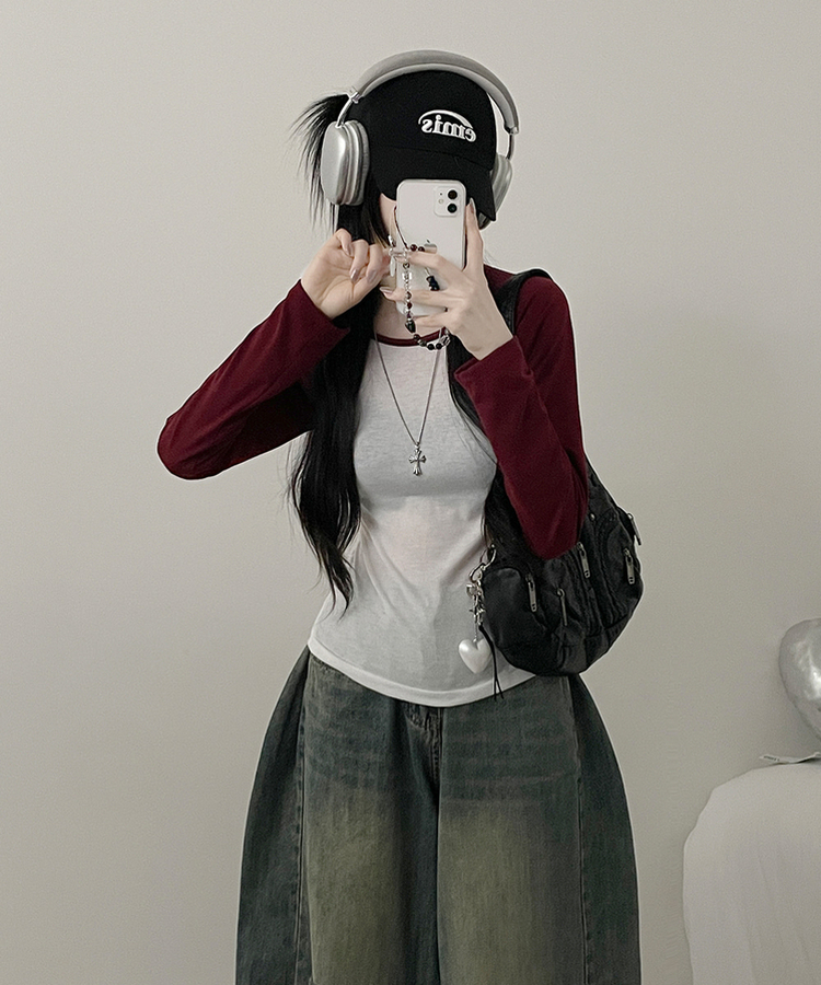 모루배색나그랑슬림핏긴팔티셔츠 아이보리