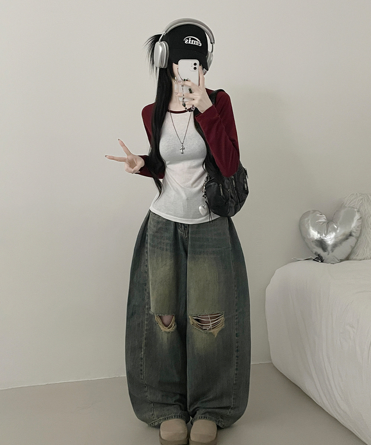 모루배색나그랑슬림핏긴팔티셔츠 아이보리
