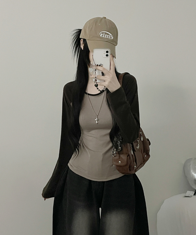 모루배색나그랑슬림핏긴팔티셔츠 베이지
