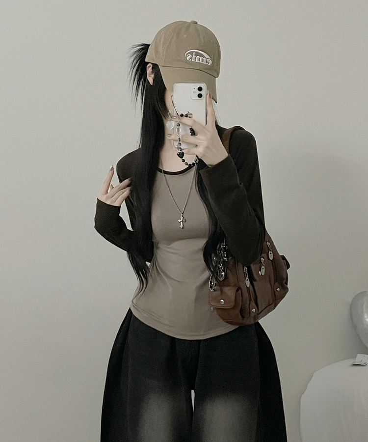 모루배색나그랑슬림핏긴팔티셔츠 베이지