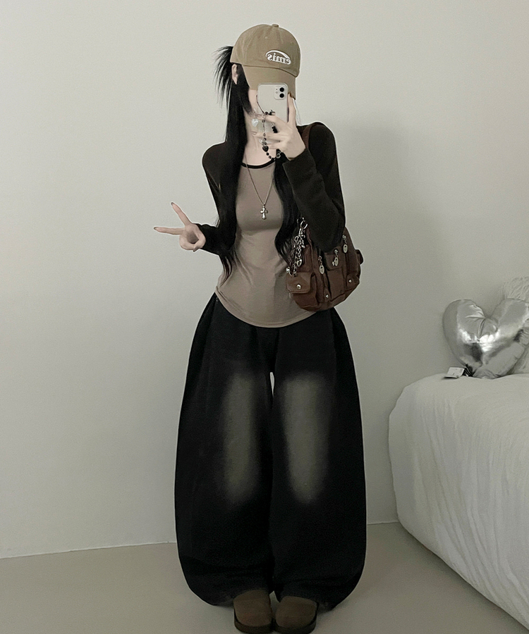 모루배색나그랑슬림핏긴팔티셔츠 베이지