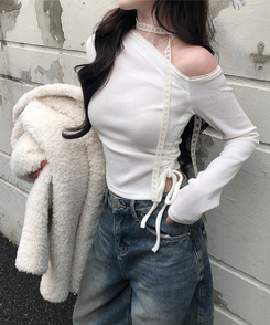 【タイ付き】ワンショルダーレースニット IVORY