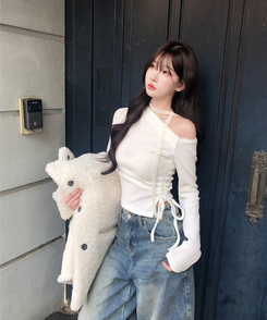 【タイ付き】ワンショルダーレースニット IVORY