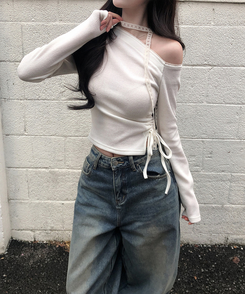 【タイ付き】ワンショルダーレースニット IVORY