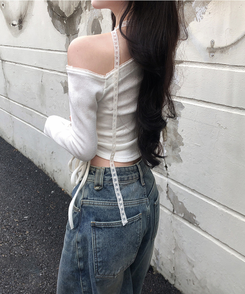 【タイ付き】ワンショルダーレースニット IVORY