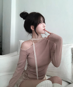 【タイ付き】ワンショルダーレースニット PINK