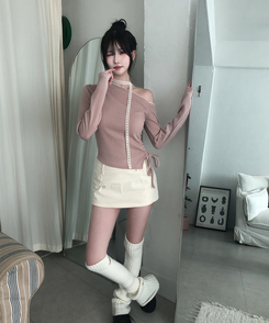 【タイ付き】ワンショルダーレースニット PINK