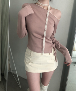 【タイ付き】ワンショルダーレースニット PINK