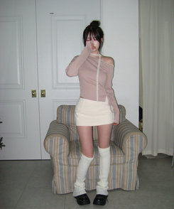 【タイ付き】ワンショルダーレースニット PINK