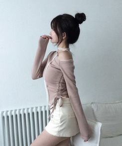 【タイ付き】ワンショルダーレースニット PINK