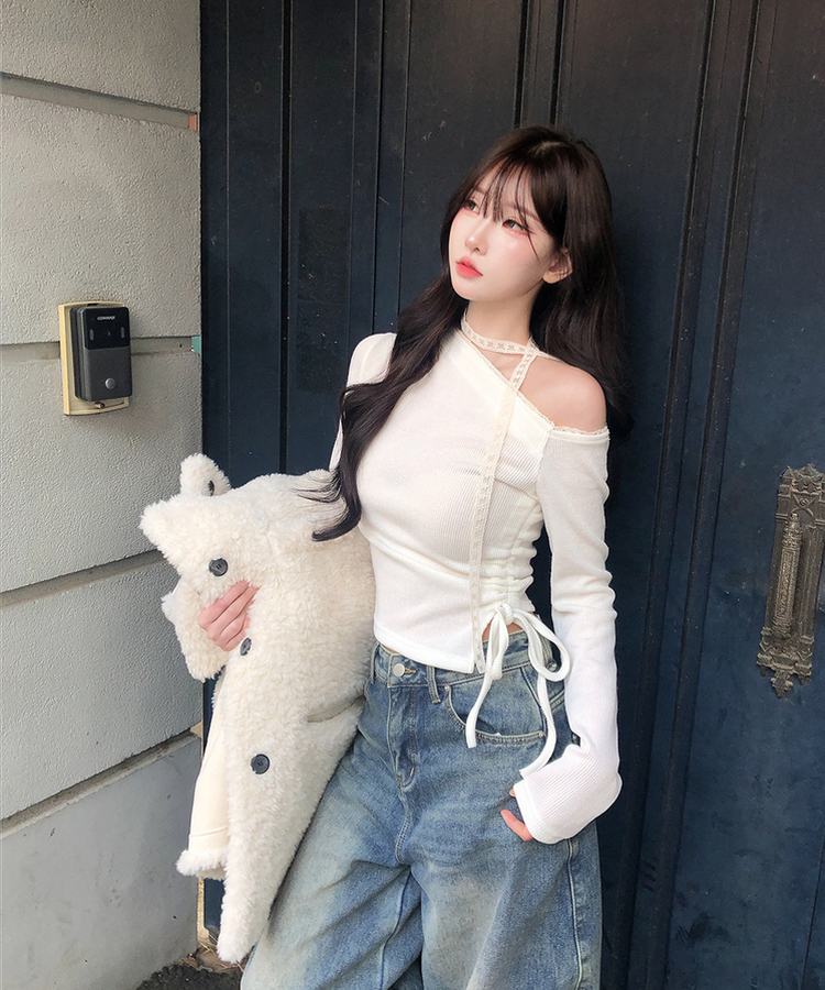 【タイ付き】ワンショルダーレースニット IVORY