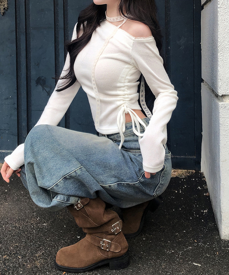 【タイ付き】ワンショルダーレースニット IVORY