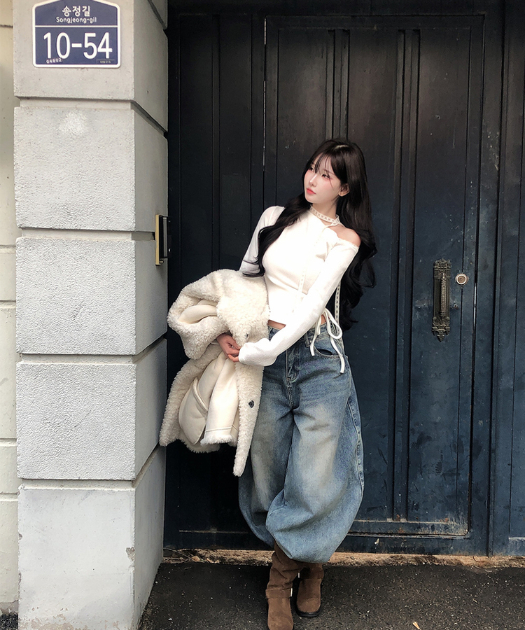 【タイ付き】ワンショルダーレースニット IVORY