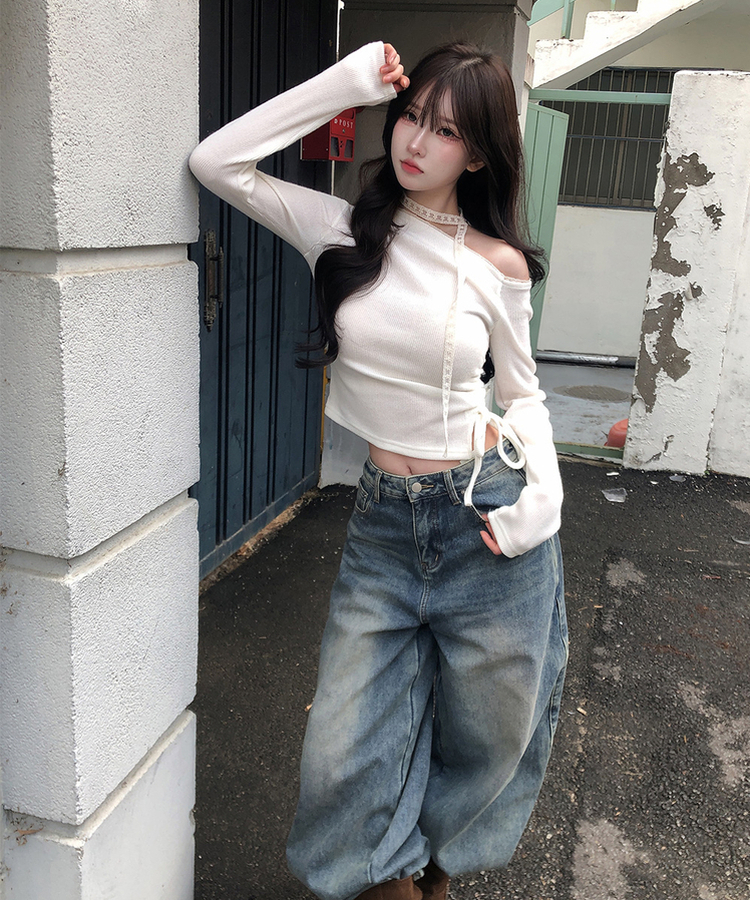 【タイ付き】ワンショルダーレースニット IVORY