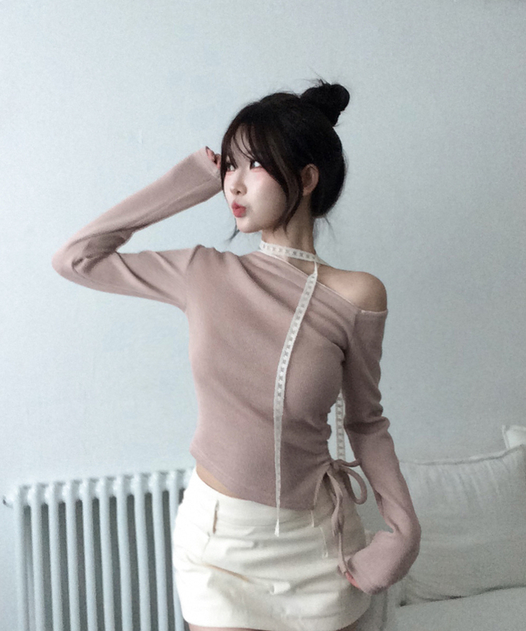 【タイ付き】ワンショルダーレースニット PINK