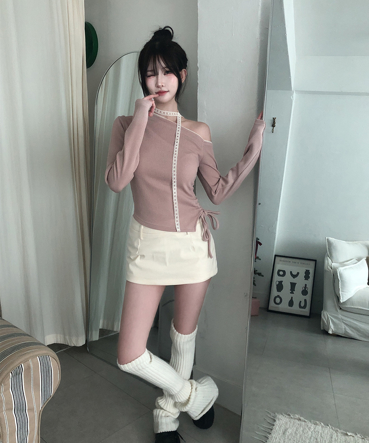 【タイ付き】ワンショルダーレースニット PINK