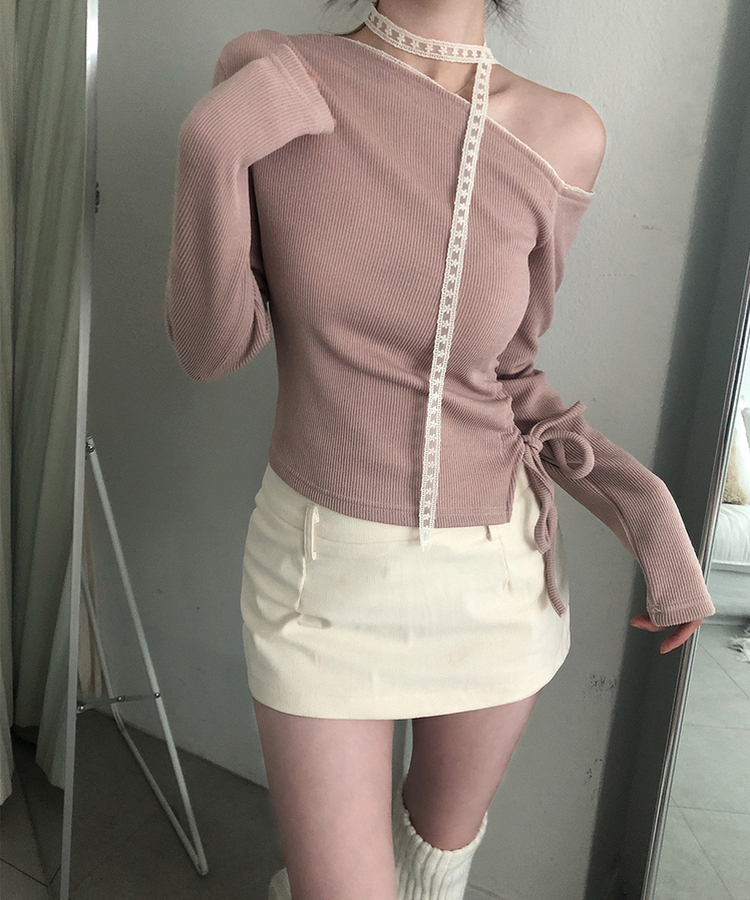 【タイ付き】ワンショルダーレースニット PINK