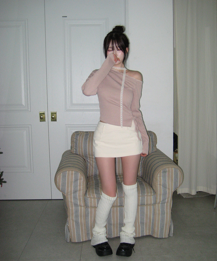 【タイ付き】ワンショルダーレースニット PINK