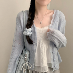 헤이 펀칭 브이넥 긴팔 니트 가디건 봄 봄옷 벚꽃 여리 청순 데이트 핑크 블루