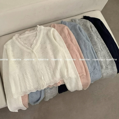 헤이 펀칭 브이넥 긴팔 니트 가디건 봄 봄옷 벚꽃 여리 청순 데이트 핑크