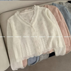 헤이 펀칭 브이넥 긴팔 니트 가디건 봄 봄옷 벚꽃 여리 청순 데이트 핑크