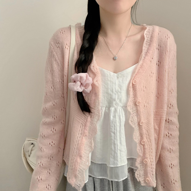 헤이 펀칭 브이넥 긴팔 니트 가디건 봄 봄옷 벚꽃 여리 청순 데이트 핑크 핑크
