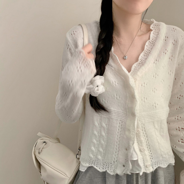 헤이 펀칭 브이넥 긴팔 니트 가디건 봄 봄옷 벚꽃 여리 청순 데이트 핑크 아이보리