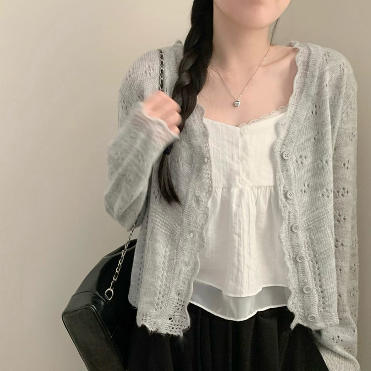 헤이 펀칭 브이넥 긴팔 니트 가디건 봄 봄옷 벚꽃 여리 청순 데이트 핑크 그레이