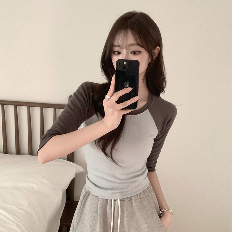 미피 래글런 라운드 배색 레이어드 스판 7부 나그랑 긴팔 티셔츠 데일리 긴팔티 겨울 슬림핏 세미 크롭 상의 3color 회소라