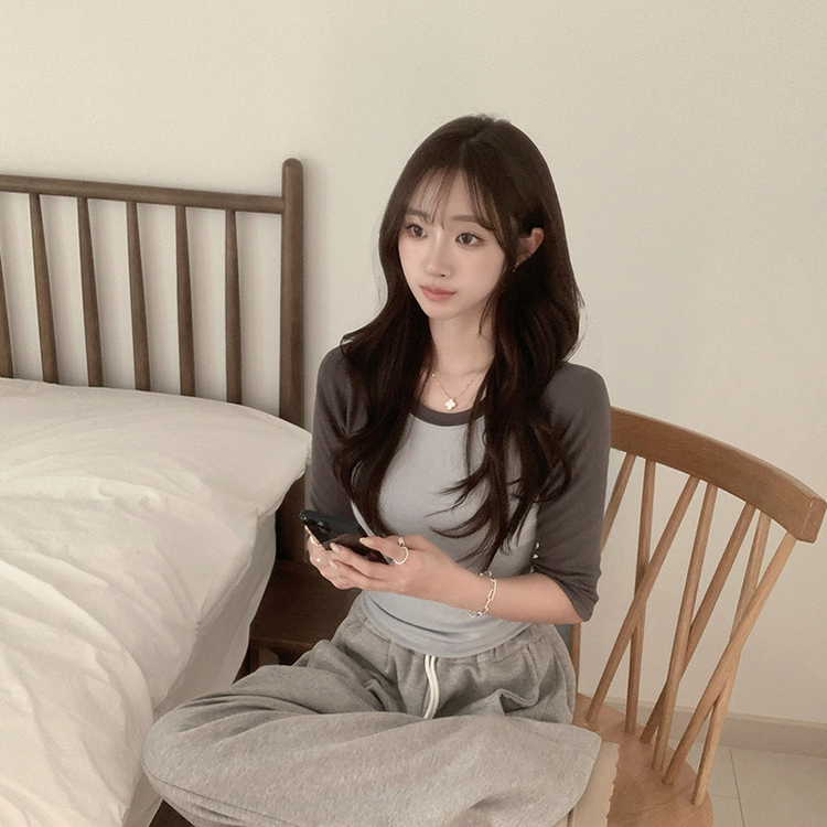 미피 래글런 라운드 배색 레이어드 스판 7부 나그랑 긴팔 티셔츠 데일리 긴팔티 겨울 슬림핏 세미 크롭 상의 3color 회소라