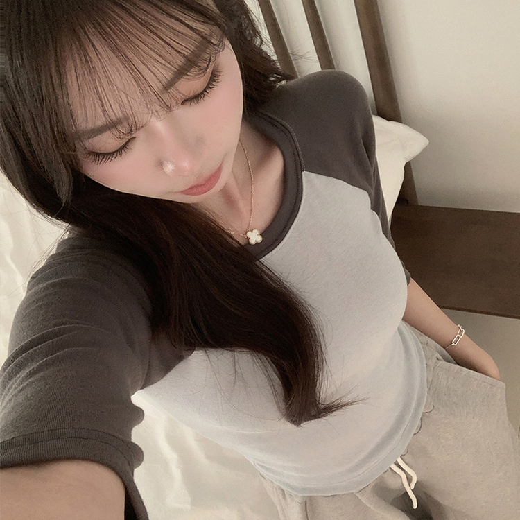 미피 래글런 라운드 배색 레이어드 스판 7부 나그랑 긴팔 티셔츠 데일리 긴팔티 겨울 슬림핏 세미 크롭 상의 3color 회소라
