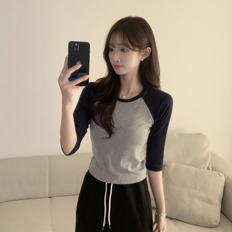 미피 래글런 라운드 배색 레이어드 스판 7부 나그랑 긴팔 티셔츠 데일리 긴팔티 겨울 슬림핏 세미 크롭 상의 3color 메란지