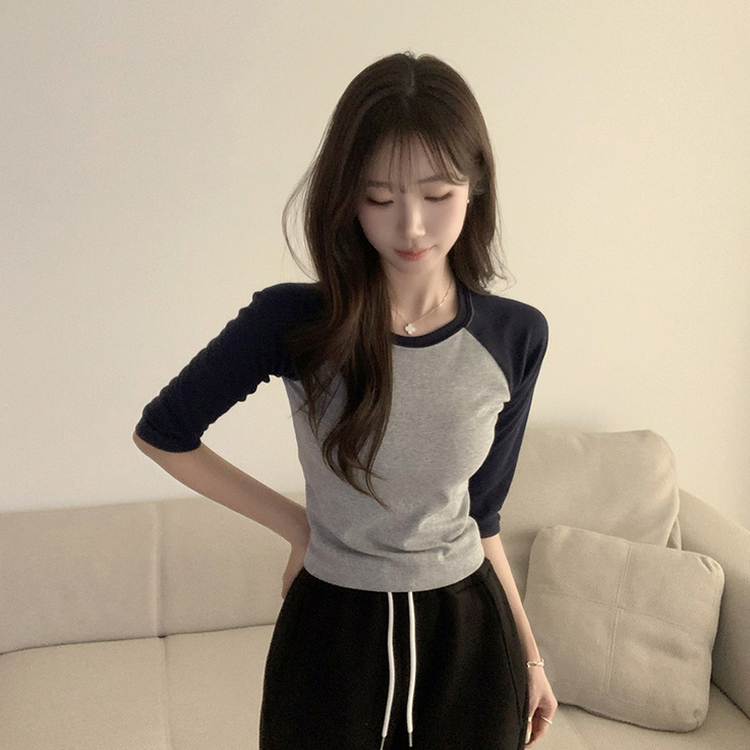 미피 래글런 라운드 배색 레이어드 스판 7부 나그랑 긴팔 티셔츠 데일리 긴팔티 겨울 슬림핏 세미 크롭 상의 3color 메란지